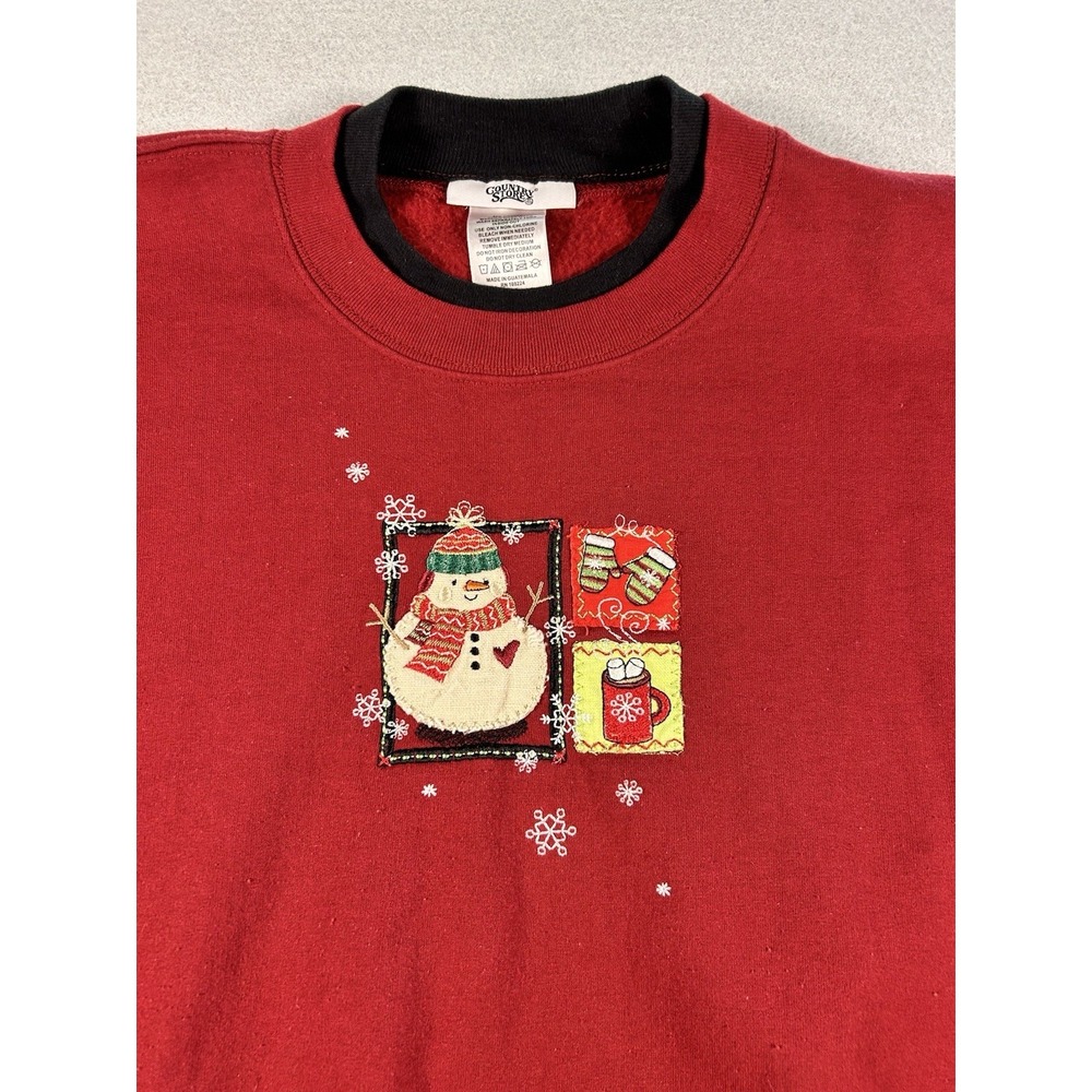 Womens VTG Embroidered Christmas Crewneck Sweater XL Red Snowman Hot Chocolate